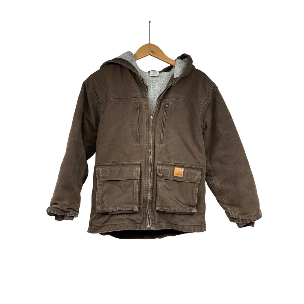 Carhartt Kids Brown Sherpa Lined Hooded Duck Canvas Work Jacket Size M 10/12